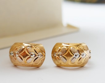 Boucles d'oreilles créoles bicolores en or 14 carats, petites créoles avec cœur gravé, légères
