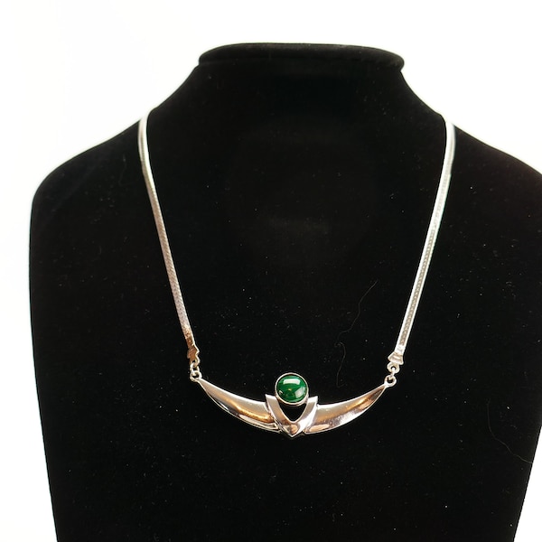 Vintage link chain necklace 925 silver sterling Italy 16'' dangle v ornament round malachite