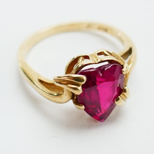 vintage or jaune 10 carats, pierre rouge rosé, coeur en verre, taille de bague 6,5 US minimaliste délicat Or massif Joaillerie image 1