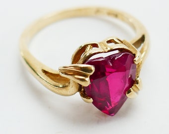 vintage or jaune 10 carats, pierre rouge rosé, coeur en verre, taille de bague 6,5 US minimaliste délicat - Or massif - Joaillerie