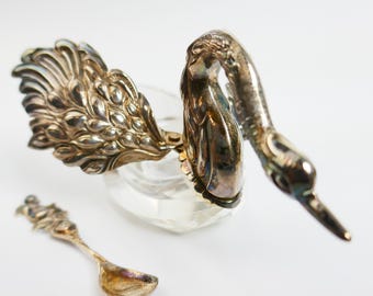 Antique  Birks Silver Sterling 925 miniature spoon Repousse Crystal Swan Sugar Salt Dish