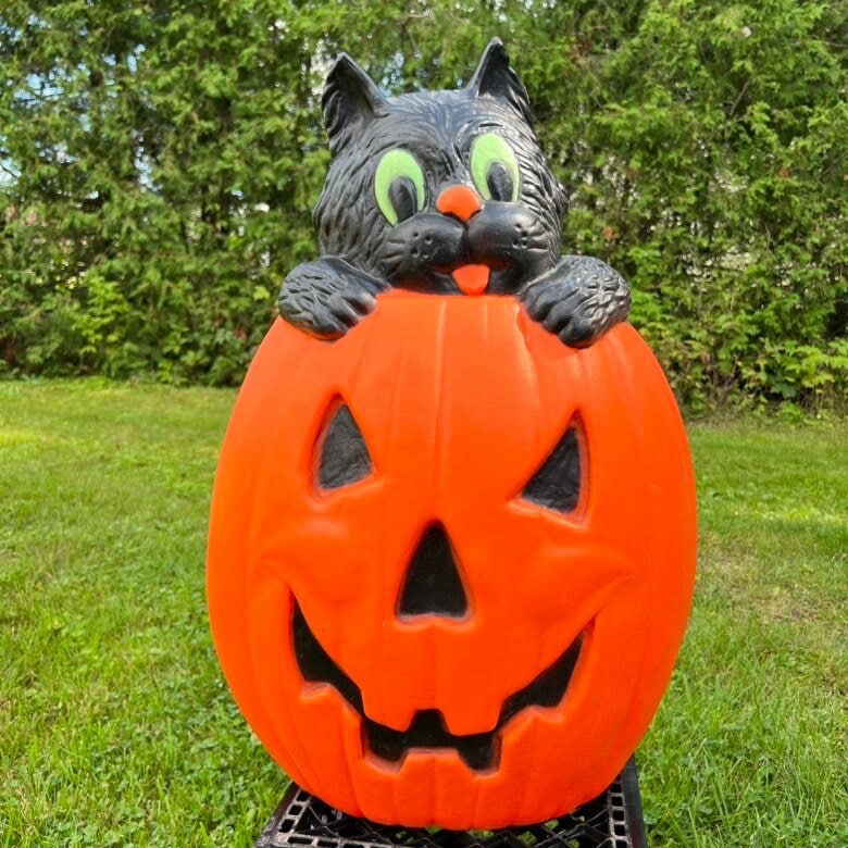 Vintage TPI 1994 Plastic Blow Mold Pumpkin Black Cat Green