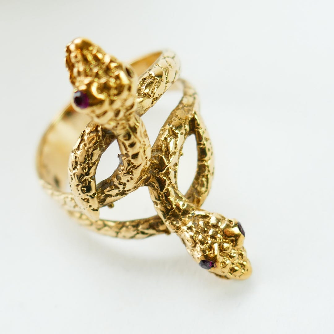 Vintage 10K Yellow Gold Two Head Snake Ring Size 6 1/4 US Pink Eyes ...