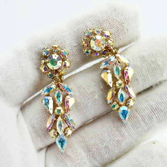 Vintage Earrings AB Swarovski Crystals Designer Costume Jewelry Gustave Sherman Signed Clip on Sunflower Gold Tone Aurora Borealis Dangle Etsy Canada