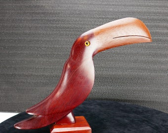 Vintage Mid-Century Hand-Carved Wood Toucan Bird Glass Eyes