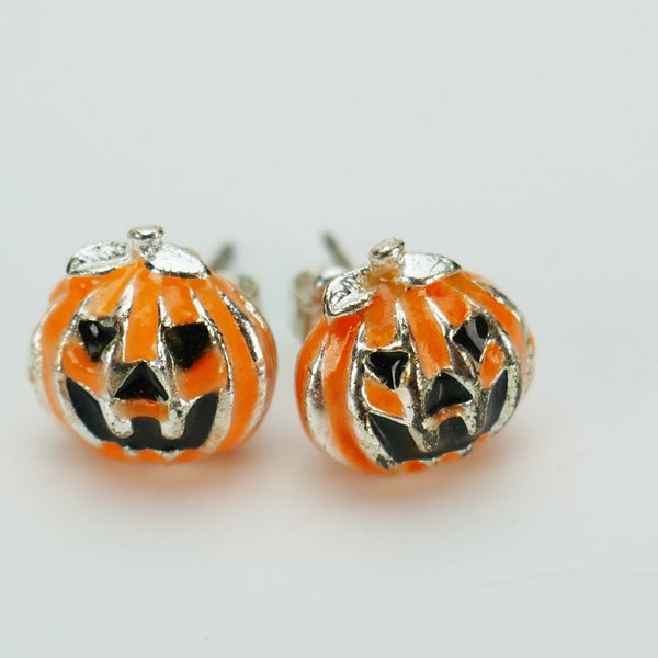 Vintage Halloween Avon citrouille Stud ton argent boucles d'oreilles percées bijoux fantaisie jack o lanterne