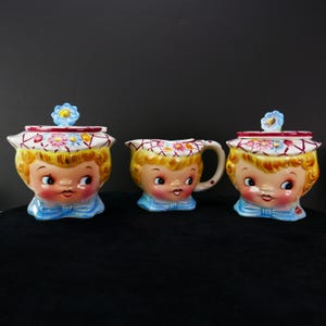 Miss Dainty Sugar Creamer ceramic sugar pot jam Set of 3 Lefton Blonde Girl Cute