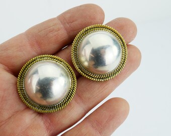 Vintage round braided Clip on earrings Silver and brass 925 TS-79 Mexico Taxco Sterling Signed