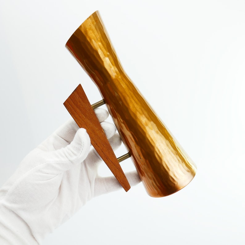 Vintage Mid Century Modern hammered pitcher with wooden handle / Vase Metal Signed Western Germany Copper MCM image 2