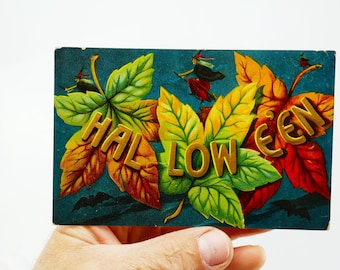 Carte postale d'Halloween originale en relief « Valentine et son fils, feuilles d'automne, sorcières sur balais, chauves-souris »