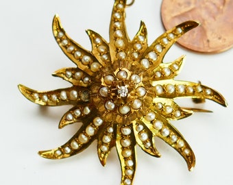 Antiguo oro amarillo de 14 quilates estrella de mar 1 broche de perla de semilla de diamante Colgante estrella starburst - Joyería fina - Oro macizo