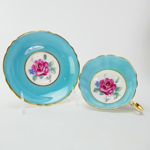 Vintage Paragon Türkis Blau Gold Pink Rose Teetasse Tasse und Untertasse made in ENGLAND