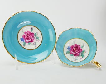 Vintage Paragon Türkis Blau Gold Pink Rose Teetasse Tasse und Untertasse made in ENGLAND