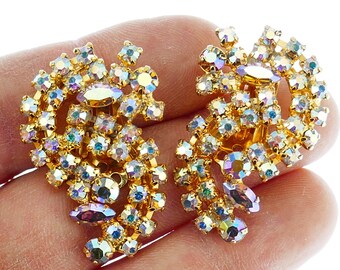 Boucles d'oreilles clip vintage aurore boréale non signées, bijoux fantaisie tourbillonnants