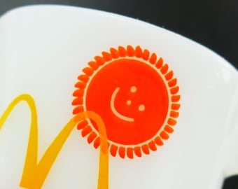 Rara taza de café con publicidad de McDonald's de Fire King, NO BUENOS DÍAS, de vidrio de leche, Anchor Hocking