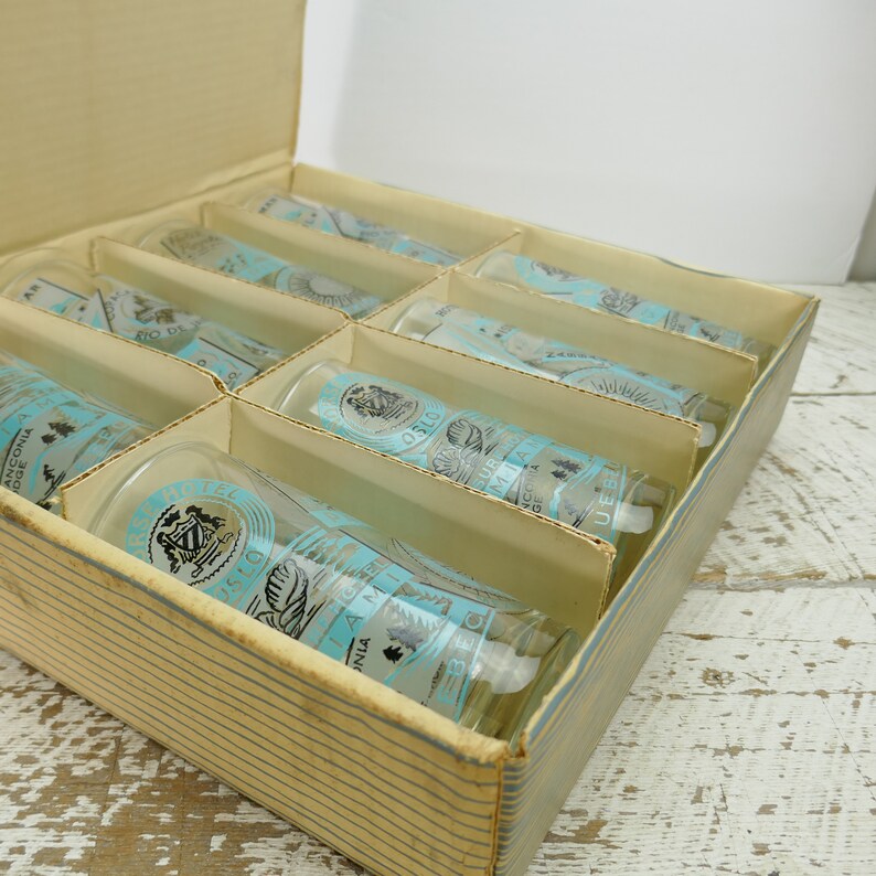 Vintage NOS Mid Century in Box Set of 8 Highball Libbey Partytime glassware Tumblers Glasses Ice Tea Tom Collins USA CANADA Paris Travel