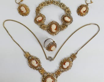 Antique Shell Cameo 800 Silver filigree Parure Necklace Bracelet Ring Set