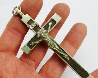 Crucifijo de metal vintage, cruz de ébano negro, Jesús, Dios, Inri, huesos