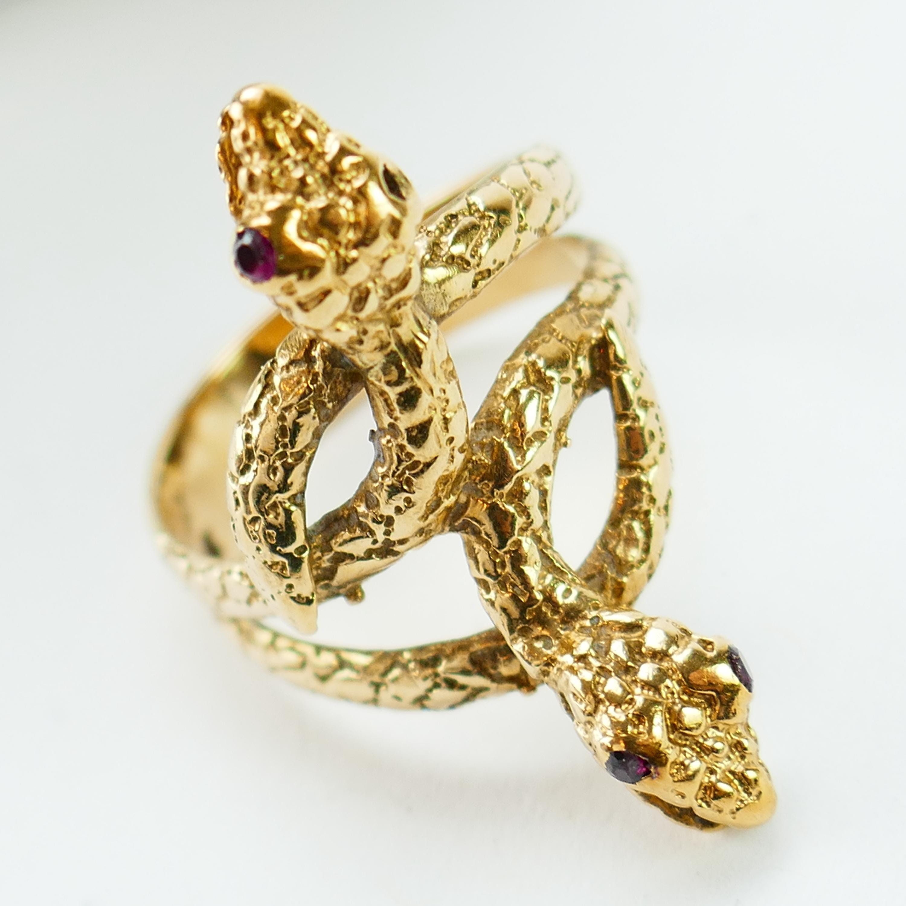Two Snake Rings Vintage 10K Yellow Gold Two Head Snake Ring Size 6 1/4 US Pink Eyes ...
