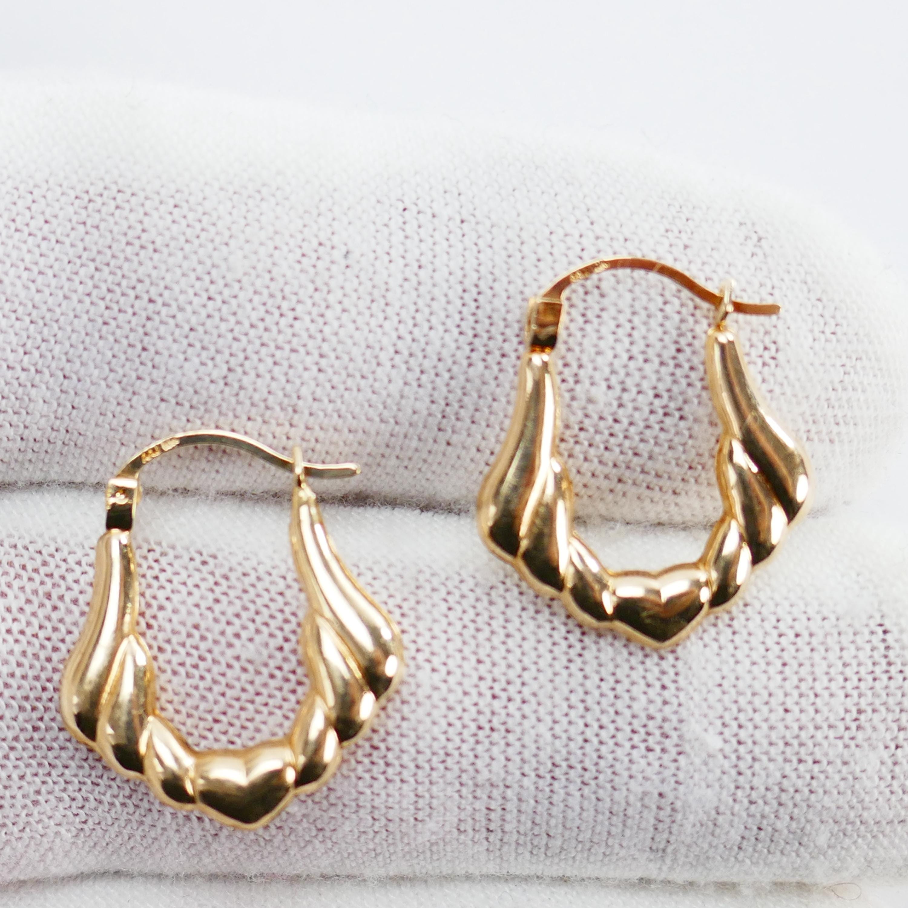 10k yellow gold heart earrings small hoop bamboo style minimalist lightweight Solid Gold Fine Jewelry