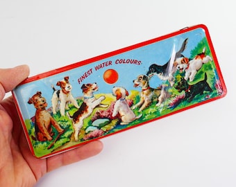 Coffret de peinture aquarelle vintage en boîte lithographiée, matériel d'art rétro, boîte de collection pour peintres, chiens colorés