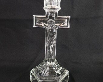 Castiçal de vidro transparente antigo com crucifixo de Jesus