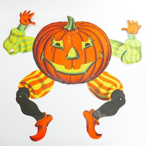 Vintage-Halloween-Kürbis-Jack-O-Laterne mit Gelenkausschnitt, 31 Zoll, hergestellt in den USA, gestanzte Pappdekoration
