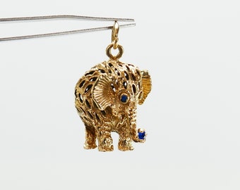 Vintage 3D Elephant 10K Yellow Gold CHARM Pendant lucky protection Blue Stone Open Work - Fine Jewelry - Solid Gold