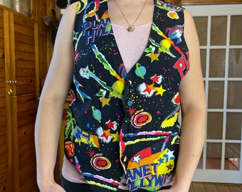 Vintage 90'S Planet Hollywood Bartender Party Vest Full Colors Rainbow Neon