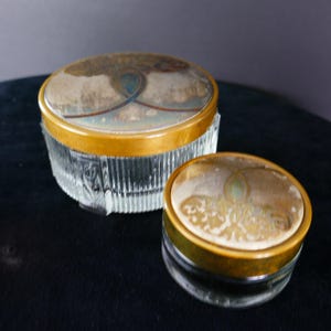 Vintage vanity powder box dresser boudoir etched Glass And Metal Trinket Jar Box Lid set of 2