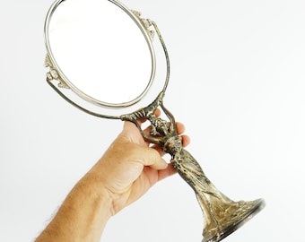 Miroir de Dame Antique Art Déco en Métal ovale en Verre