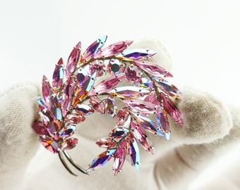 Vintage SHERMAN Curved Leaf Brooch AB pink Swarovski Crystal Costume Jewelry Designer Gustave Sherman swirly silver tone