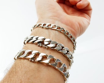 Vintage Bracelet Silver chunky Cuban link Chain Sterling 925 Italy