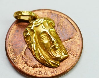 Pendentif vintage en or jaune 18 carats, visage de Jésus, dieu religieux 750 - Or massif - Joaillerie