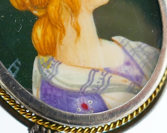 Broche Ancienne Miniature Portrait Femme élégante - Argent Et Marcassites - Occasion