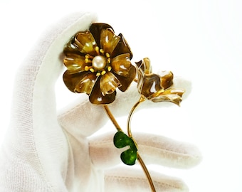 Broche Vintage Original by Robert Flor Esmalte/tinta Pérola Falsa bijuteria