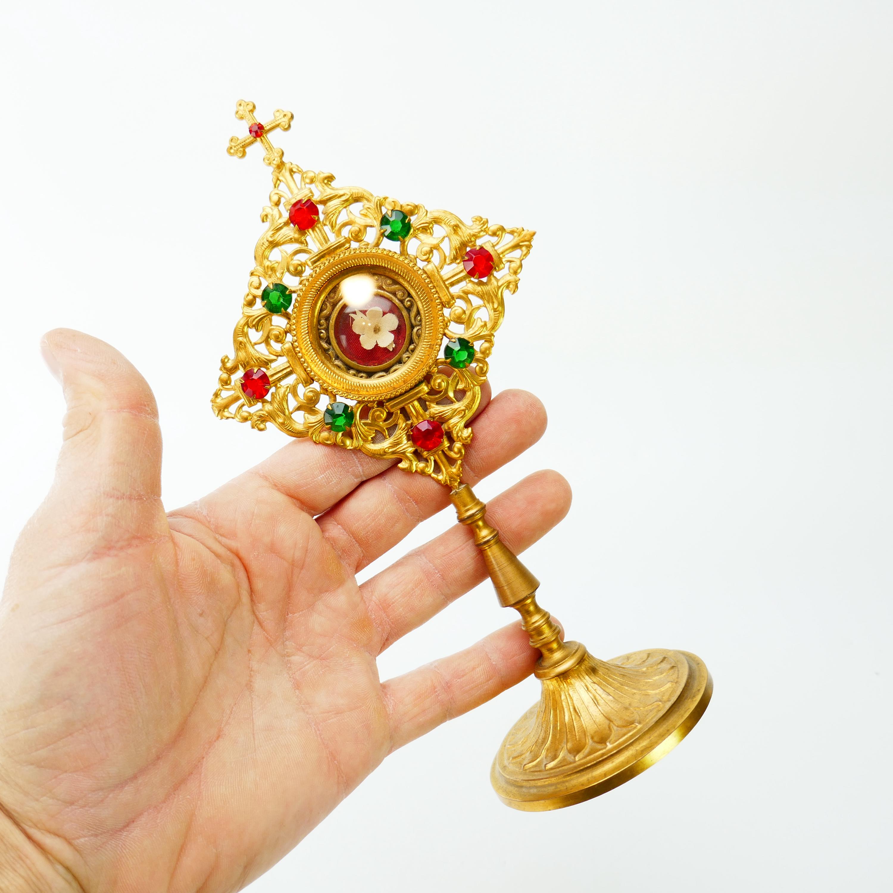 Antique Religious Reliquary Relic MONSTRANCE Holder Thread wax seal intact on stand