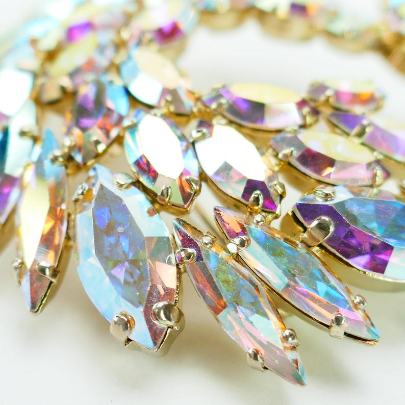 Vintage SHERMAN Curved Leaf Brooch AB Swarovski Crystal Costume Jewelry