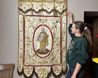 1901 Antique Magnificent Gold Catholic Banner Catholic Religious Processiona
