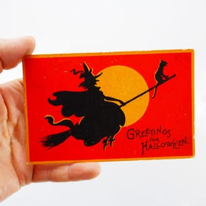 SAM GABRIEL Antique Embossed WITCH Cat Orange Moon Halloween Postcard Trick or Treat Decoration greeting for Halloween