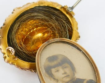 Broche en cheveux naturels, bijou de deuil antique en or massif 9 carats, fermoir photo/image