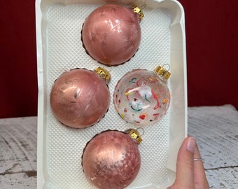 Vintage set of 4 Christmas Ornaments Blown Glass Mercury Glass pink clear splash Hand decorated Visions by Holly