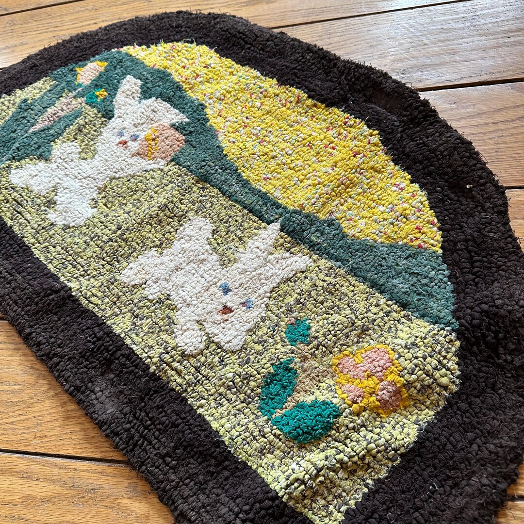 Hooked Rugs With Rabbits Primitive Folk Art Hooked Rug Bunny Rabbit Easter Farmhouse Canadiana ...