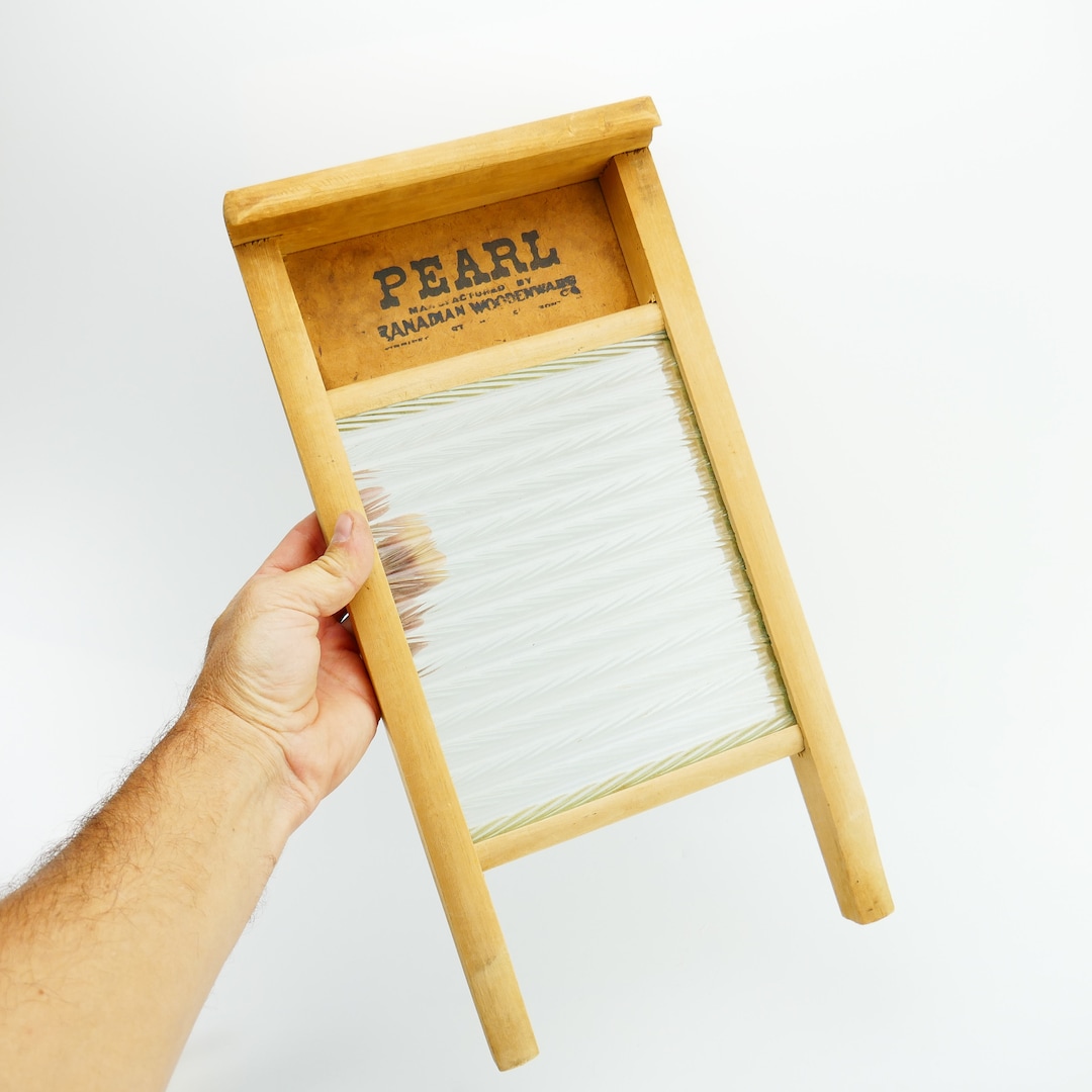 Antique Canadian Quebec Wood Washboard PEARL BRAND Glass Panel Old Wash