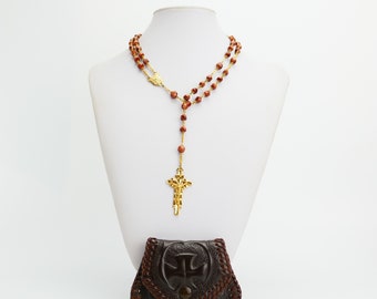 Vintage Religious Rosary Sandstone Gold filled Catholic INRI chapelet rose gold glass Beads