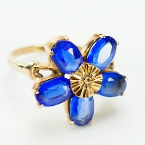 Vintage 10K yellow gold daisy flower blue glass Ring 6 3/4 US - Fine Jewelry - Solid Gold