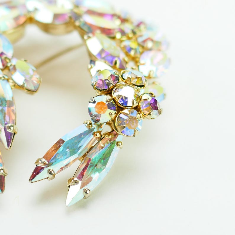 Vintage SHERMAN Curved Leaf Brooch AB Swarovski Crystal Costume Jewelry