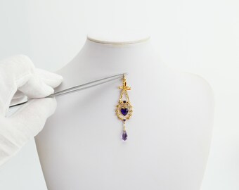 Vintage 14K Yellow Gold Amethyst and seed pearl Dangling Pendant bow heart and dangling stone - Solid Gold - Fine Jewelry