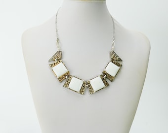 Vintage Sherman square Opaque White silver tone Necklace Swarovski Designer Signed Costume Jewelry  Gustave Sherman