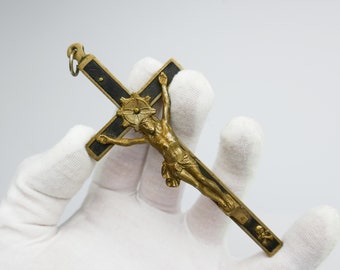 Vintage 5" BRASS SKULL crucifix Ebony Cross Jesus God Inri bones